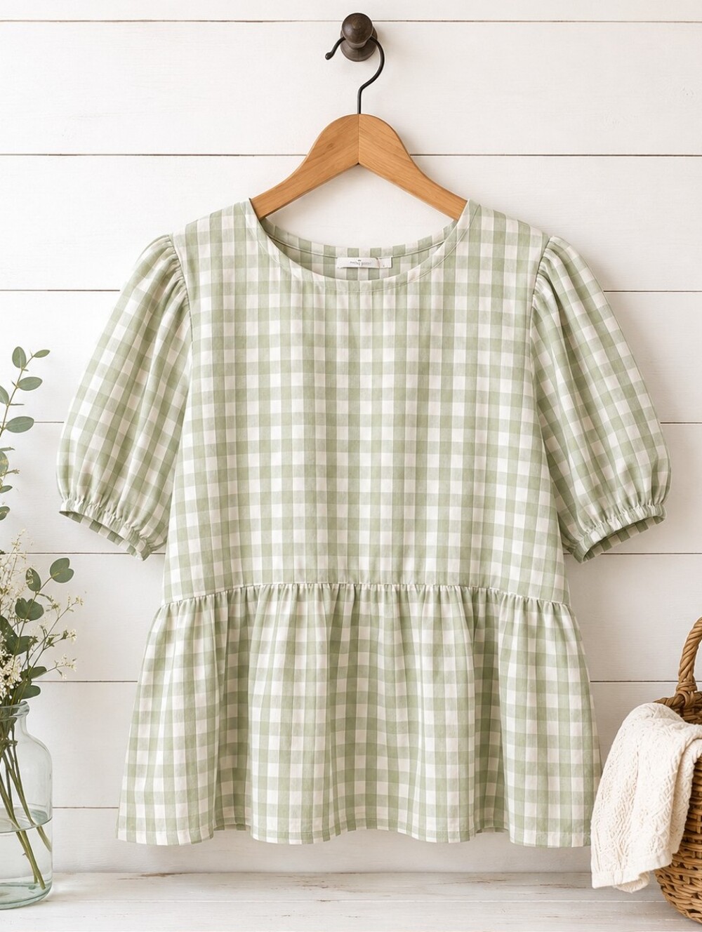 Piper & Scoot 2XL Sage Green Gingham Peplum Blouse Puff Sleeve Cottagecore
